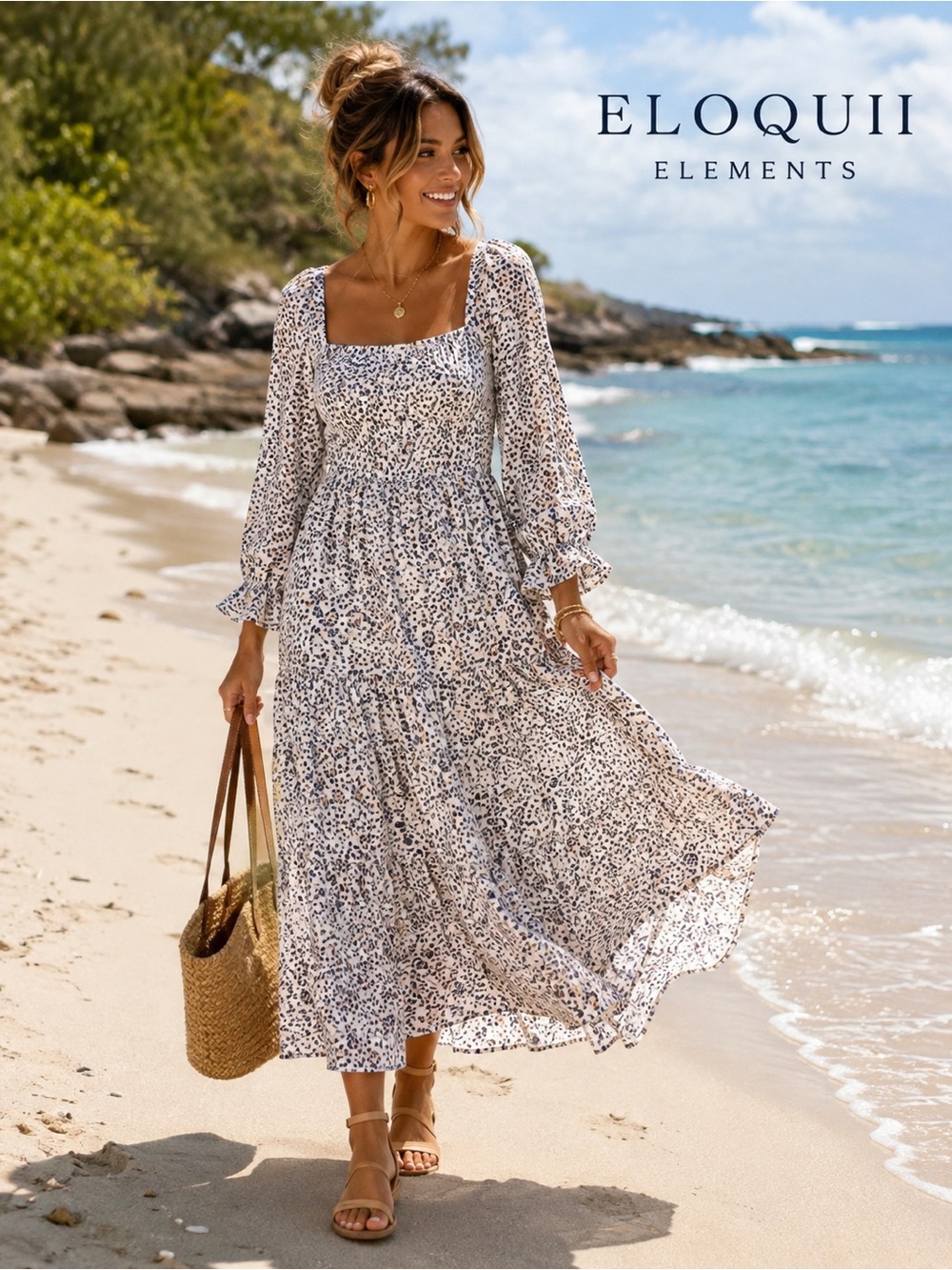 ELOQUII Elements Plus Size Dandelion Print Midi Dress,Smocked Bodice, Size 26W